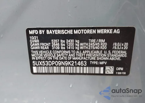 2022 BMW X3 xDrive30I из США, поврежденный, VIN 5UX53DP09N9K21463